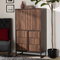 Baxton Studio MPC8010-Walnut-Cabinet Baxton Studio Neil Modern and Contemporary Walnut Brown Finished Wood and Black Finished Metal Multipurpose Storage Cabinet